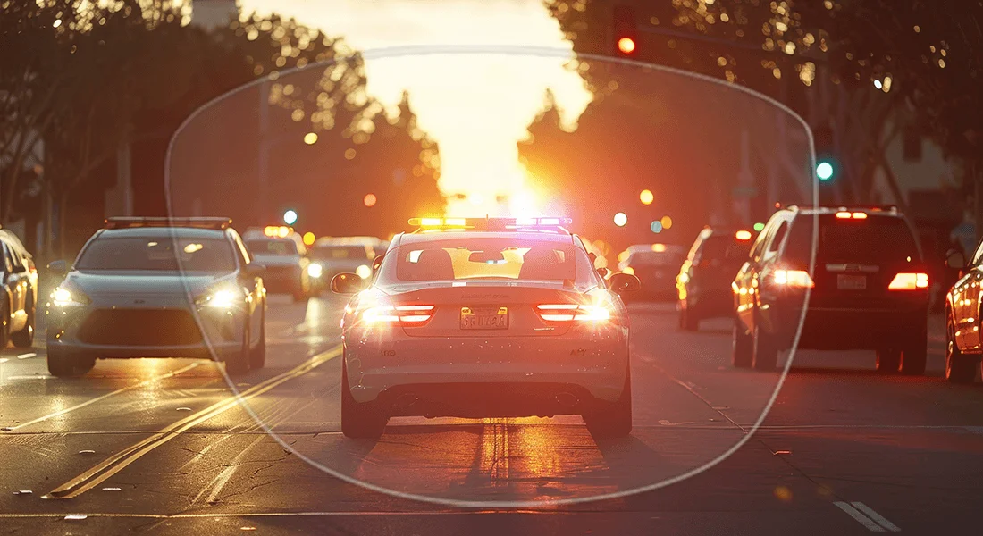 View of a busy city street at sunset with several cars, including a white car in the centre with illuminated rear lights, as seen through a lens area. The centre section, framed to depict the effect of anti-reflective lenses, shows reduced glare and clearer visibility of car lights and road details, while the surrounding area appears hazy and affected by strong reflections from the intense sunlight.